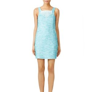 Trina Turk NWT Beaded Shift Mini Dress Azure Blue Sz 2 $398 Preppy Resort Silk